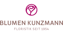 Das Logo von Blumen Kunzamann zeigt eine stilisierte Rosenblüte in einem Kreis.